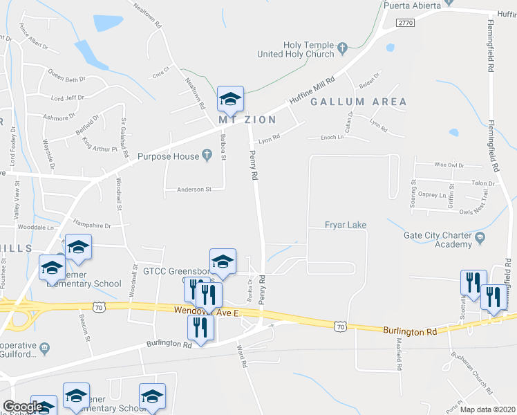 map of restaurants, bars, coffee shops, grocery stores, and more near 500 Penry Road in Greensboro