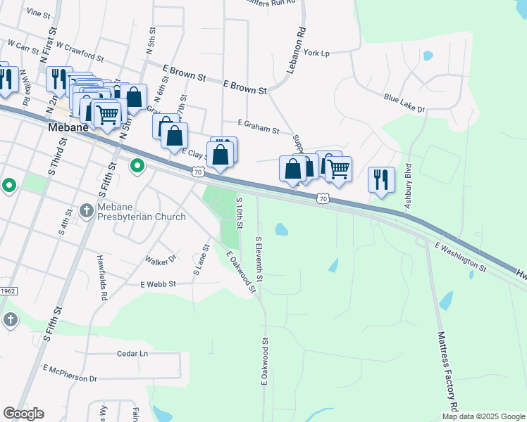 map of restaurants, bars, coffee shops, grocery stores, and more near 1015 Mebane Airport Road in Mebane
