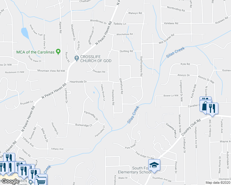map of restaurants, bars, coffee shops, grocery stores, and more near 271 Flintshire Road in Winston-Salem
