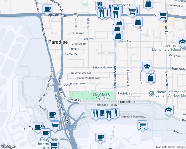 map of restaurants, bars, coffee shops, grocery stores, and more near 1037 Westminster Avenue in Las Vegas