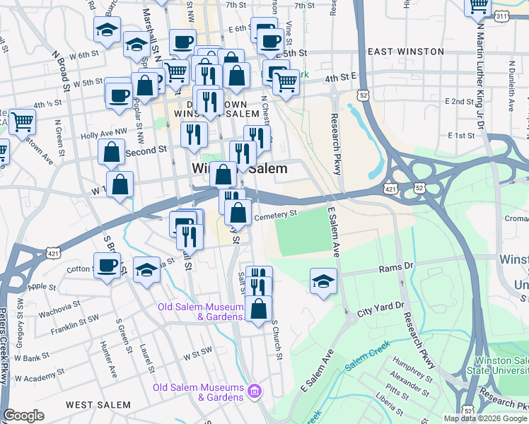 map of restaurants, bars, coffee shops, grocery stores, and more near 222 South Church Street in Winston-Salem