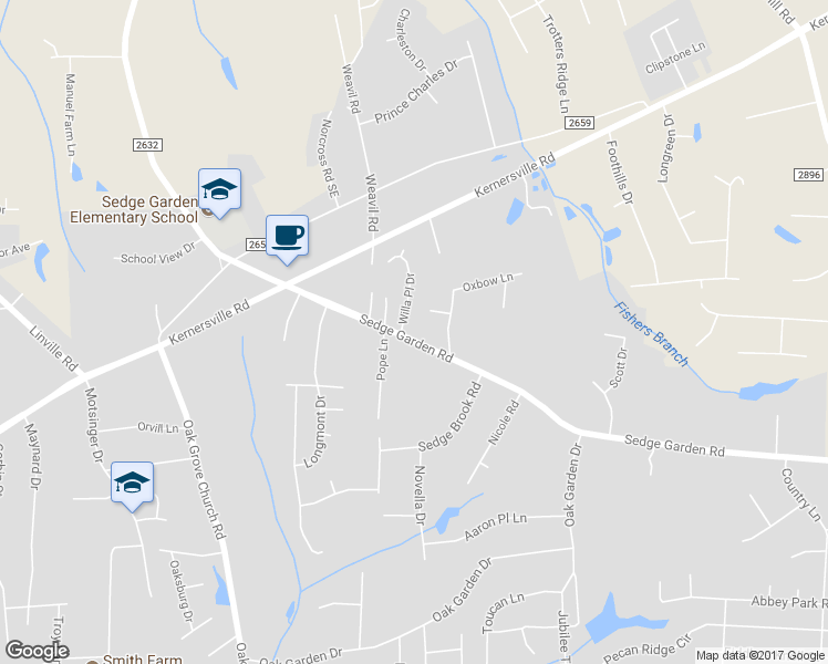 map of restaurants, bars, coffee shops, grocery stores, and more near 715 Sedge Garden Road in Kernersville