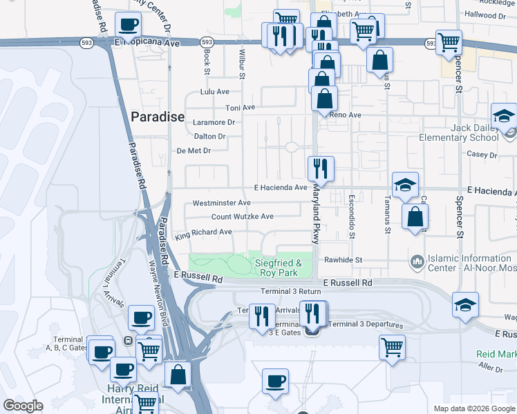 map of restaurants, bars, coffee shops, grocery stores, and more near 1047 Westminster Avenue in Las Vegas