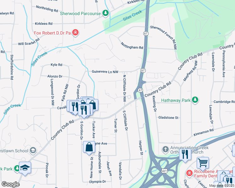 map of restaurants, bars, coffee shops, grocery stores, and more near 102 Cheswyck Lane in Winston-Salem