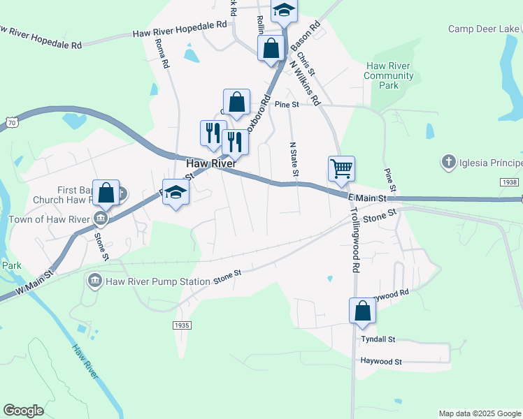 map of restaurants, bars, coffee shops, grocery stores, and more near 115 1st Street in Haw River