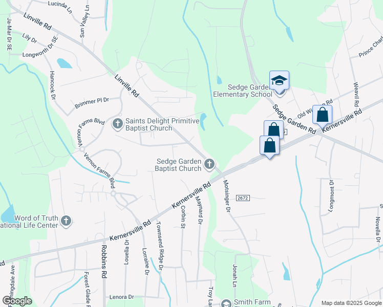 map of restaurants, bars, coffee shops, grocery stores, and more near 644 Linville Road in Kernersville
