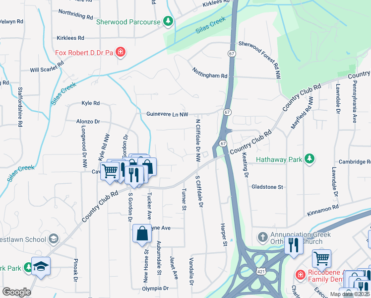 map of restaurants, bars, coffee shops, grocery stores, and more near 102 Cheswyck Lane in Winston-Salem