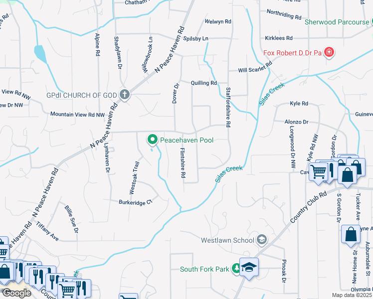 map of restaurants, bars, coffee shops, grocery stores, and more near 271 Flintshire Road in Winston-Salem