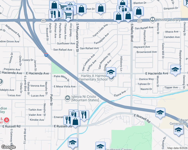 map of restaurants, bars, coffee shops, grocery stores, and more near 5293 San Anselmo Street in Las Vegas