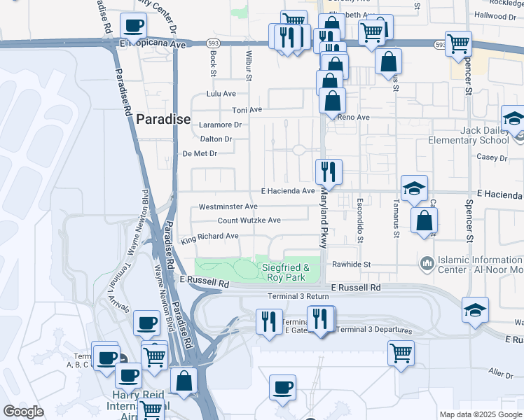 map of restaurants, bars, coffee shops, grocery stores, and more near 1037 Westminster Avenue in Las Vegas