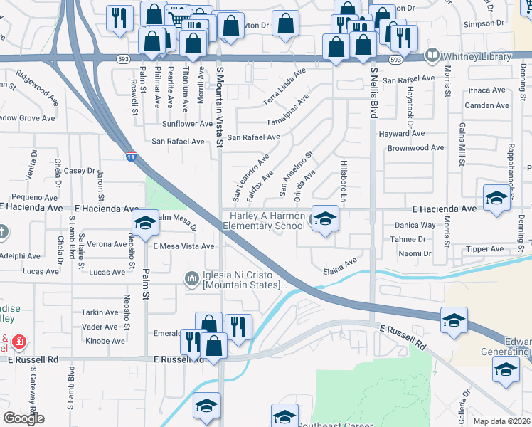 map of restaurants, bars, coffee shops, grocery stores, and more near 5293 San Anselmo Street in Las Vegas