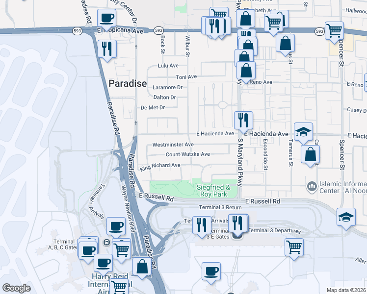 map of restaurants, bars, coffee shops, grocery stores, and more near 980 Westminster Avenue in Las Vegas