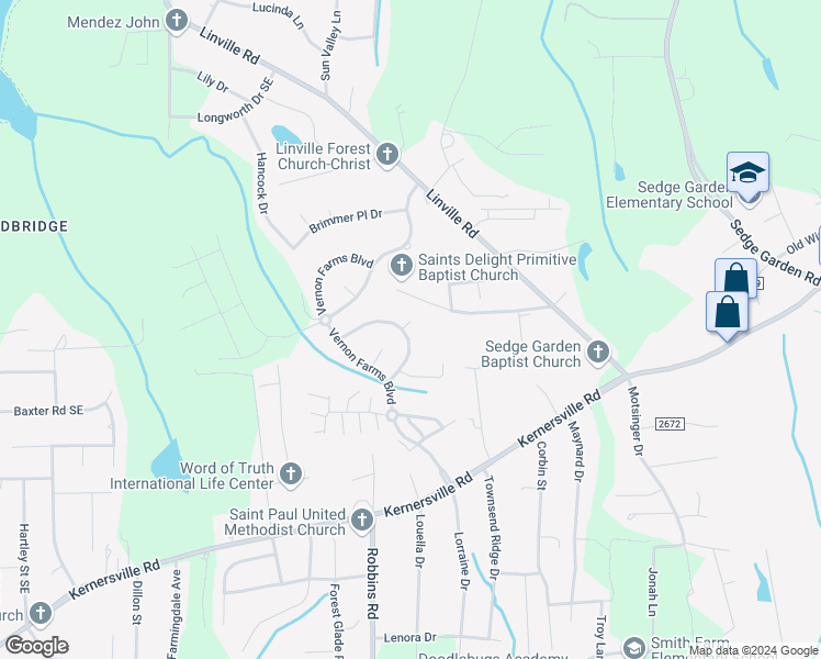 map of restaurants, bars, coffee shops, grocery stores, and more near 3809 Calhoun Lane in Kernersville