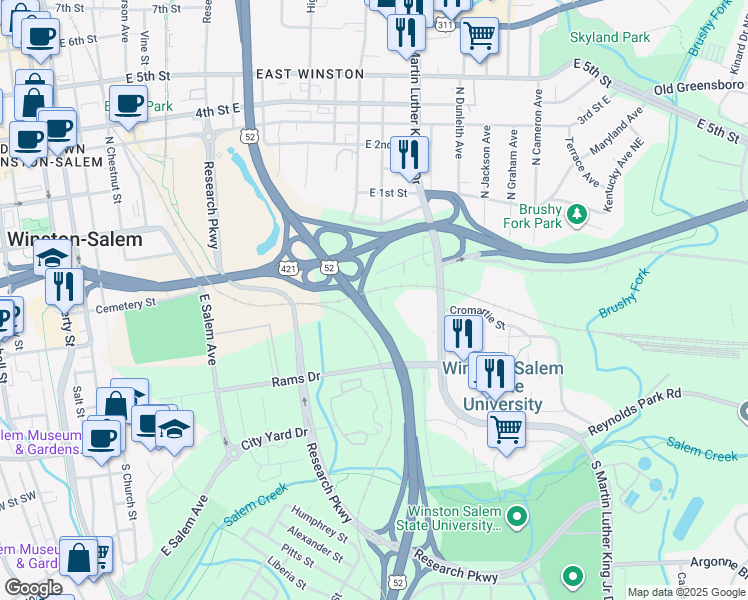 map of restaurants, bars, coffee shops, grocery stores, and more near 340 South Cleveland Avenue in Winston-Salem