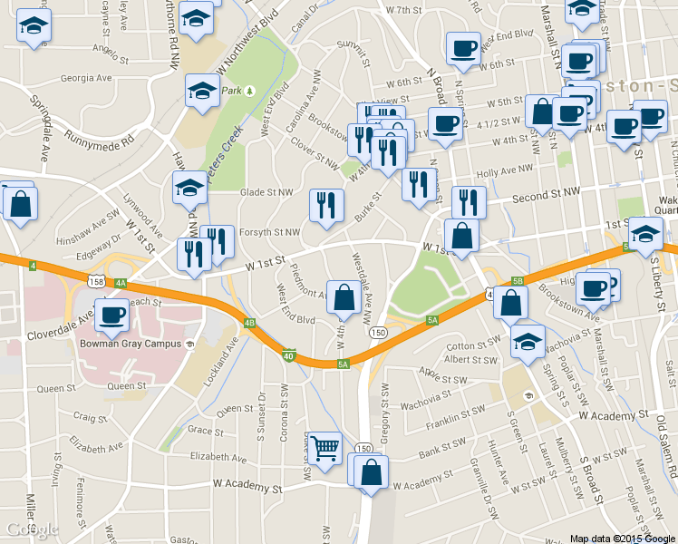 map of restaurants, bars, coffee shops, grocery stores, and more near 1188 West 4th Street in Winston-Salem