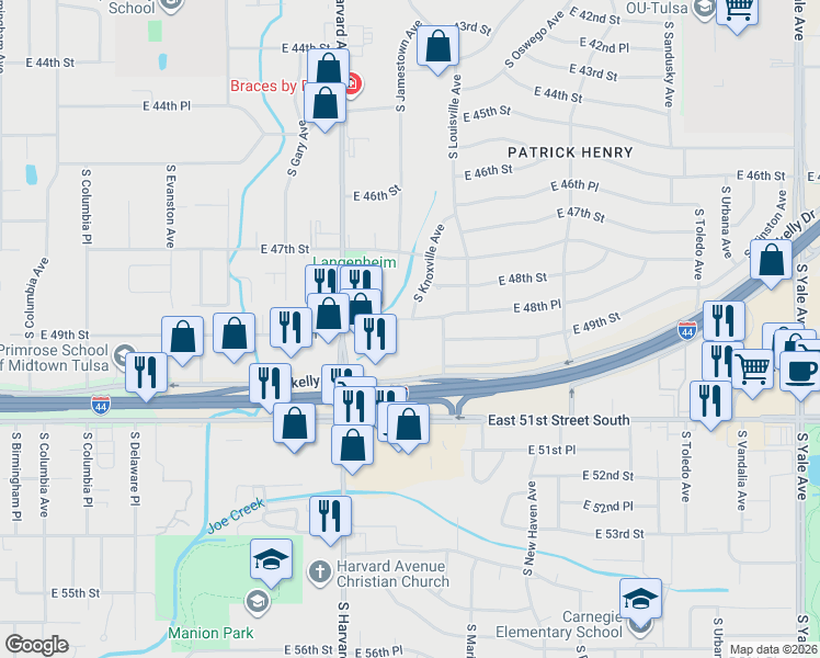 map of restaurants, bars, coffee shops, grocery stores, and more near 3614 East 48th Place in Tulsa
