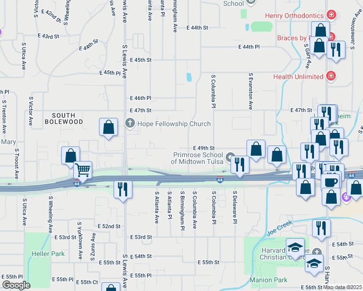 map of restaurants, bars, coffee shops, grocery stores, and more near 2497 East 49th Street in Tulsa