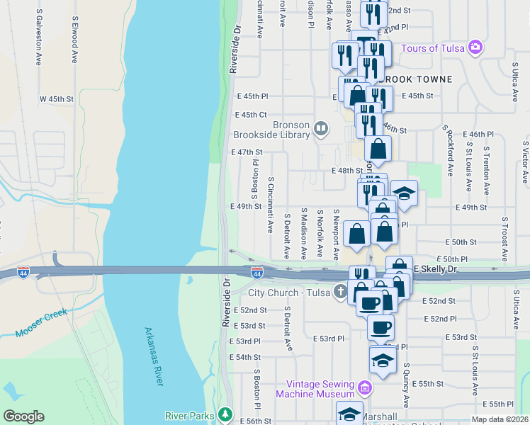 map of restaurants, bars, coffee shops, grocery stores, and more near 4902 South Cincinnati Avenue in Tulsa