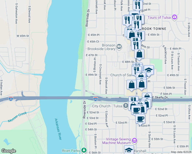 map of restaurants, bars, coffee shops, grocery stores, and more near 4902 South Cincinnati Avenue in Tulsa