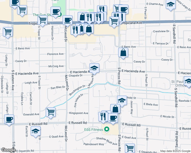 map of restaurants, bars, coffee shops, grocery stores, and more near 3235 East Hacienda Avenue in Las Vegas