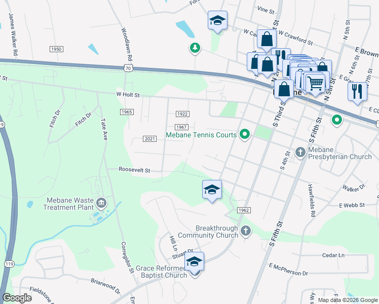 map of restaurants, bars, coffee shops, grocery stores, and more near 602 West Mckinley Street in Mebane