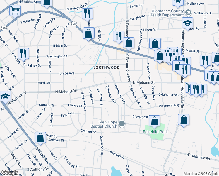 map of restaurants, bars, coffee shops, grocery stores, and more near 512 Delaware Avenue in Burlington