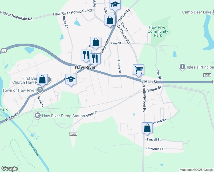 map of restaurants, bars, coffee shops, grocery stores, and more near 115 1st Street in Haw River