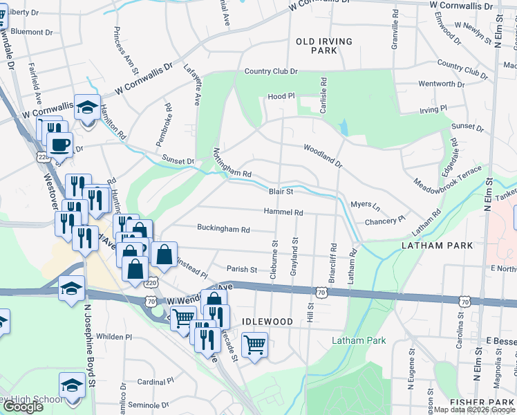 map of restaurants, bars, coffee shops, grocery stores, and more near 1106 Hammel Road in Greensboro