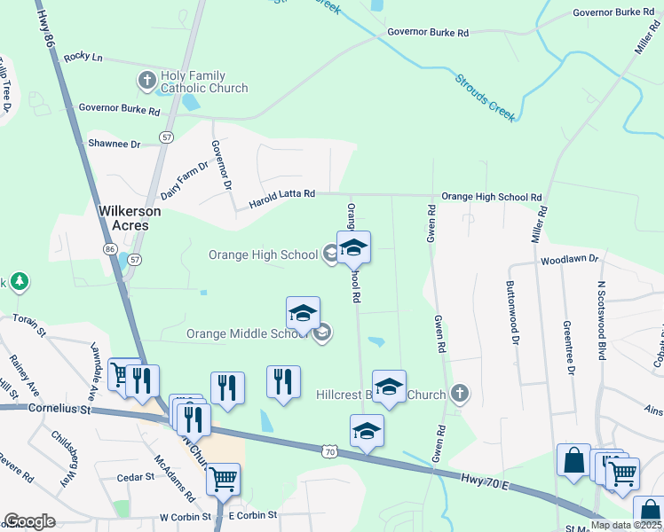 map of restaurants, bars, coffee shops, grocery stores, and more near 500 Orange High School Road in Hillsborough