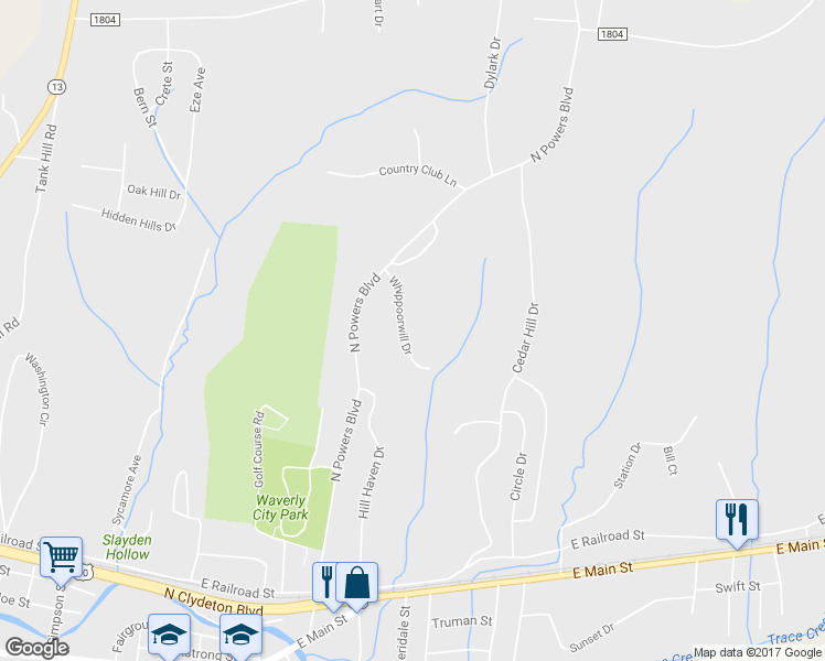 map of restaurants, bars, coffee shops, grocery stores, and more near 109 Whippoorwill Drive in Waverly