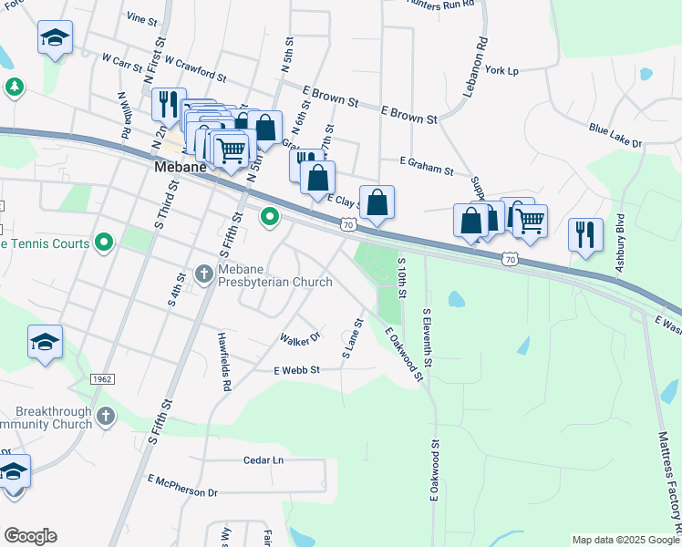 map of restaurants, bars, coffee shops, grocery stores, and more near 403 East Oakwood Street in Mebane