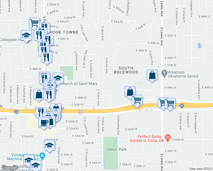 map of restaurants, bars, coffee shops, grocery stores, and more near 1649 East 49th Street in Tulsa