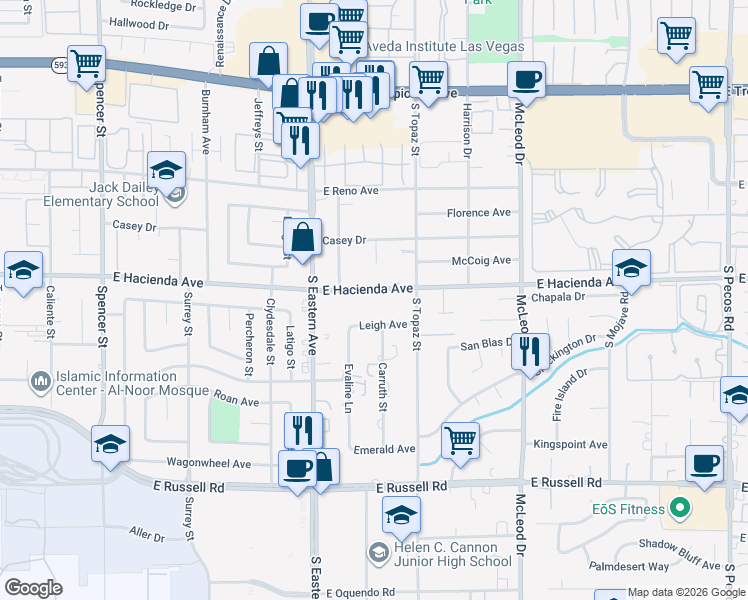 map of restaurants, bars, coffee shops, grocery stores, and more near 2517 East Hacienda Avenue in Las Vegas