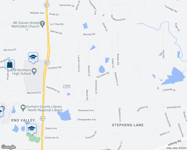 map of restaurants, bars, coffee shops, grocery stores, and more near 323 Goodwin Road in Durham