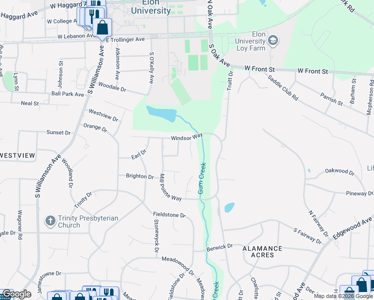 map of restaurants, bars, coffee shops, grocery stores, and more near 5005 Windsor Court in Elon