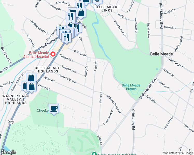 map of restaurants, bars, coffee shops, grocery stores, and more near 210C Page Road in Nashville