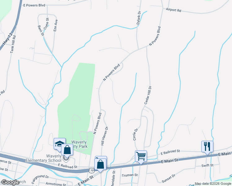 map of restaurants, bars, coffee shops, grocery stores, and more near 107 Whippoorwill Drive in Waverly