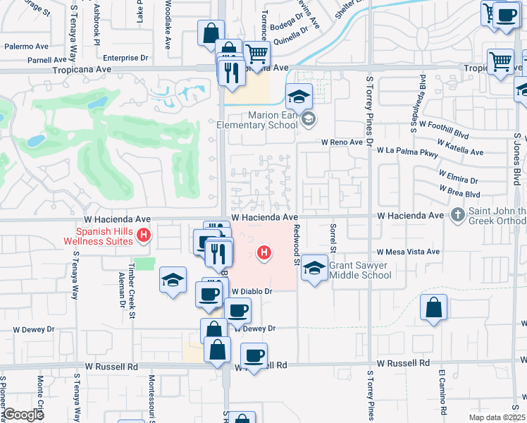 map of restaurants, bars, coffee shops, grocery stores, and more near 5250 South Rainbow Boulevard in Las Vegas