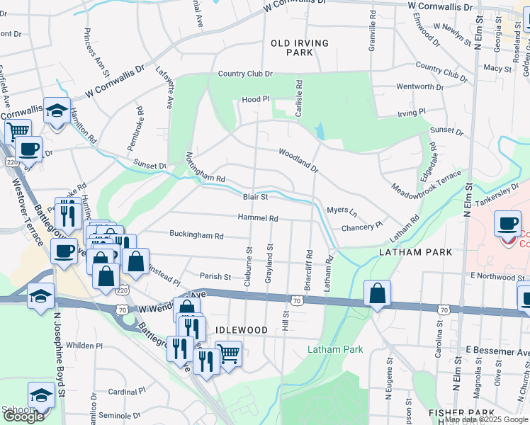map of restaurants, bars, coffee shops, grocery stores, and more near 1002 Hammel Road in Greensboro