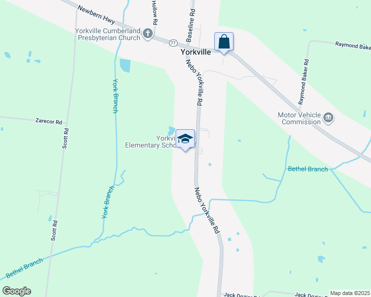 map of restaurants, bars, coffee shops, grocery stores, and more near 56 Nebo Yorkville Road in Newbern