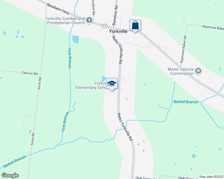 map of restaurants, bars, coffee shops, grocery stores, and more near 56 Nebo Yorkville Road in Newbern