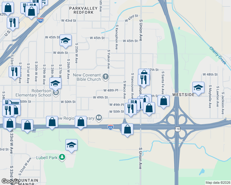 map of restaurants, bars, coffee shops, grocery stores, and more near 1930 West 48th Place in Tulsa