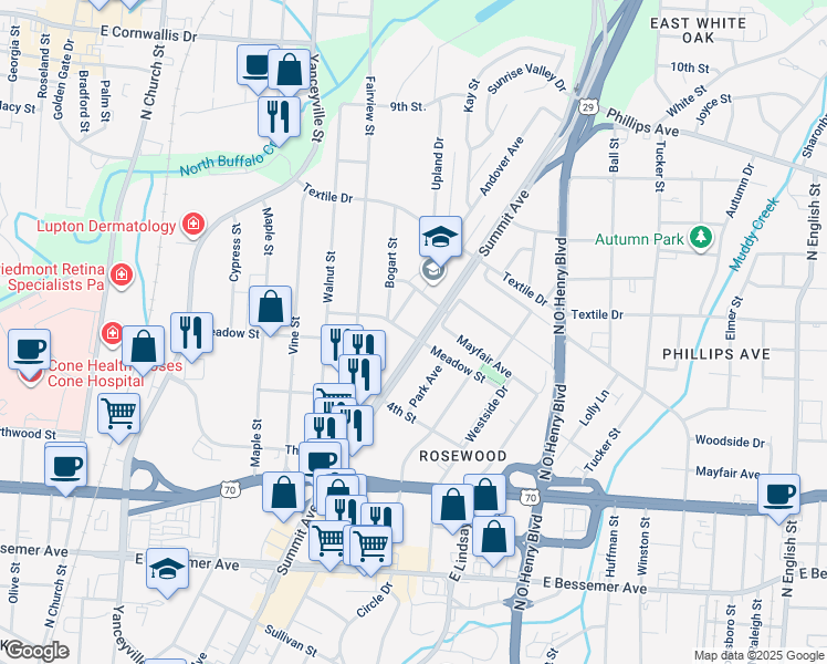 map of restaurants, bars, coffee shops, grocery stores, and more near 1301 Summit Avenue in Greensboro