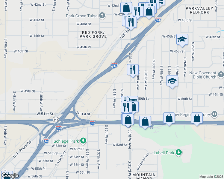 map of restaurants, bars, coffee shops, grocery stores, and more near 4824 South 35th West Avenue in Tulsa