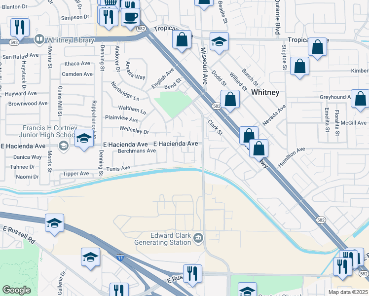 map of restaurants, bars, coffee shops, grocery stores, and more near 5751 East Hacienda Avenue in Las Vegas