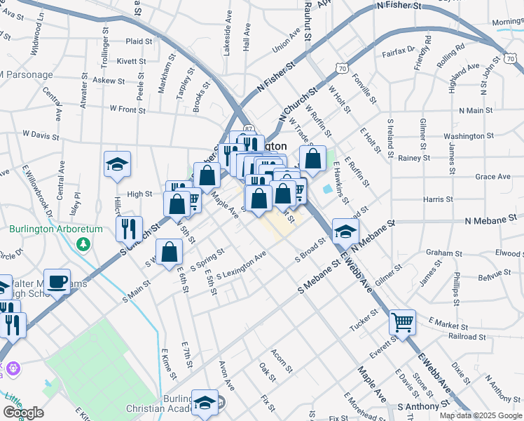 map of restaurants, bars, coffee shops, grocery stores, and more near 133 East Davis Street in Burlington