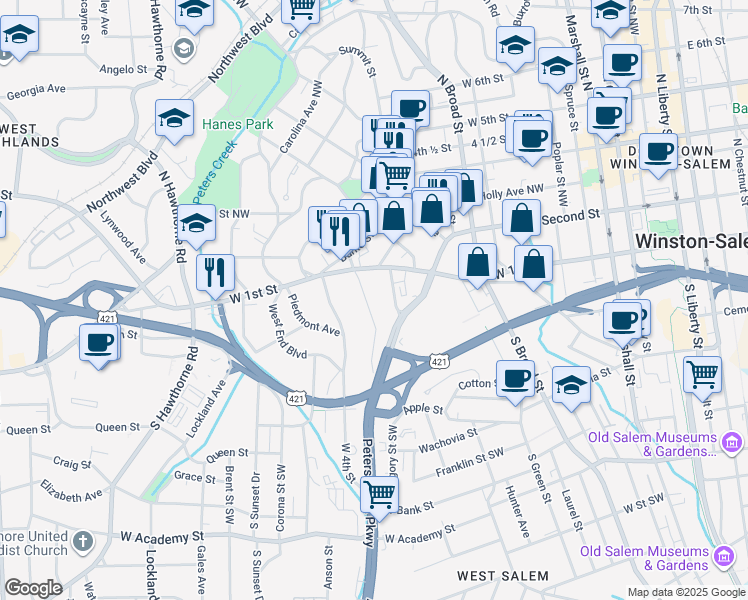 map of restaurants, bars, coffee shops, grocery stores, and more near 127 Westdale Avenue Northwest in Winston-Salem
