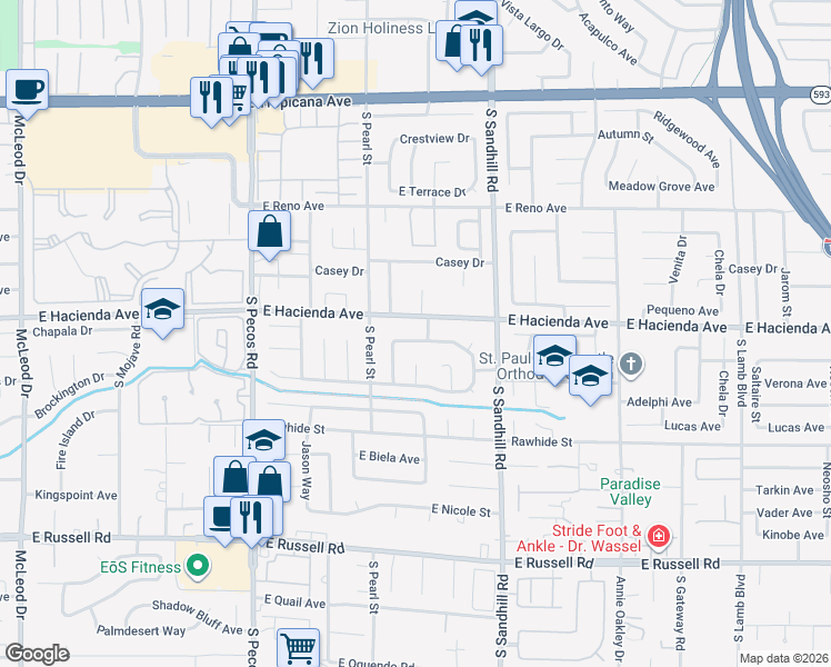 map of restaurants, bars, coffee shops, grocery stores, and more near 3676 North Braewood Avenue in Las Vegas