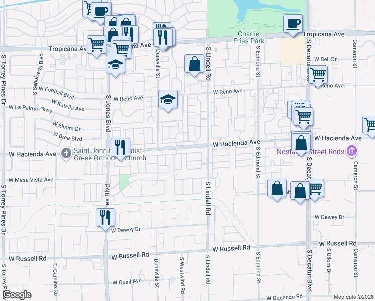 map of restaurants, bars, coffee shops, grocery stores, and more near 5603 West Hacienda Avenue in Las Vegas