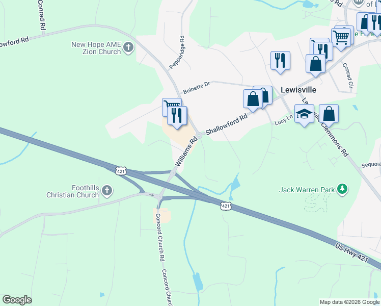 map of restaurants, bars, coffee shops, grocery stores, and more near 425 Williams Road in Lewisville